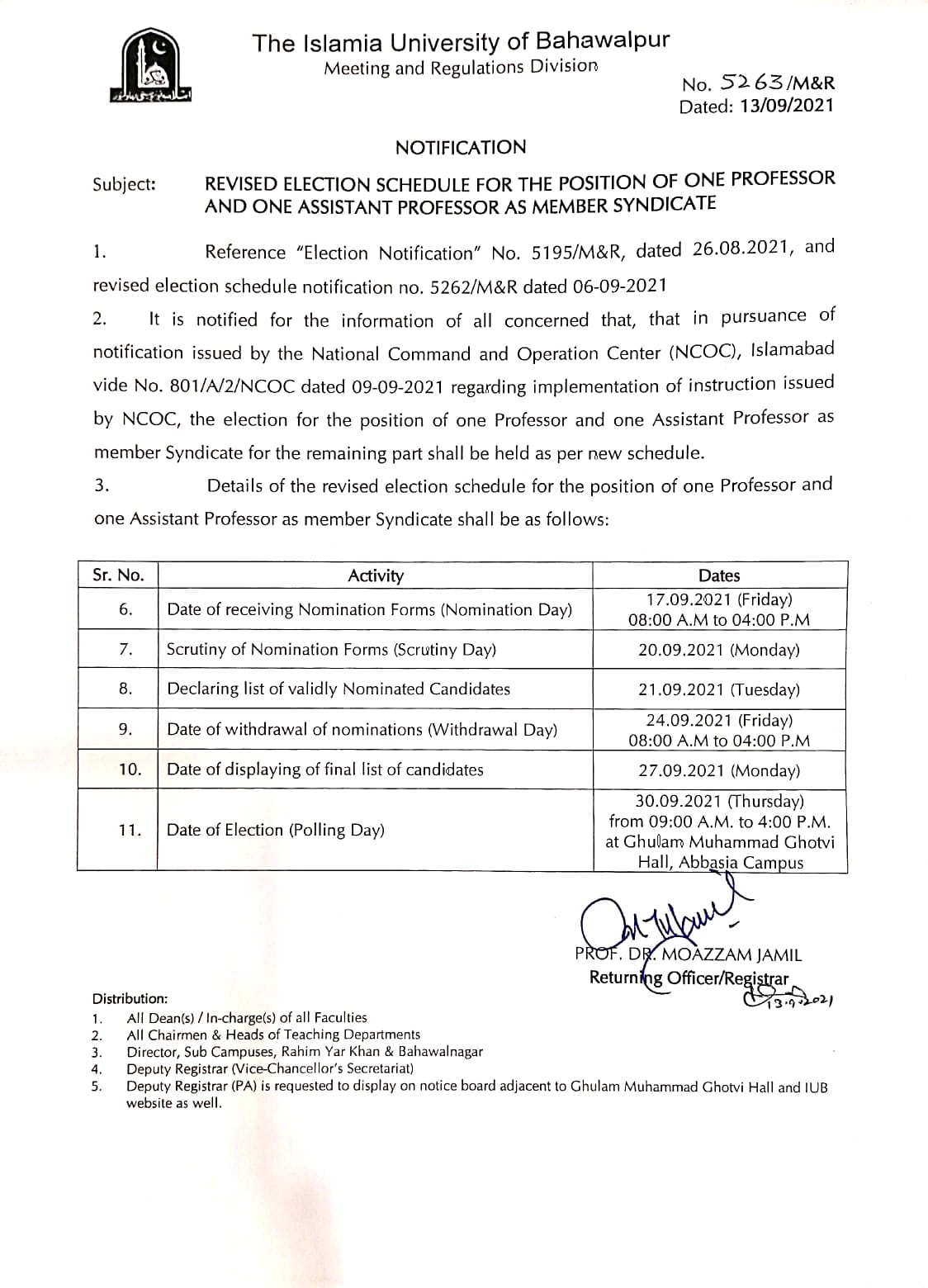 Revised Election Schedule for the Position of One Professor and One Assistant Professor as Member Syndicate