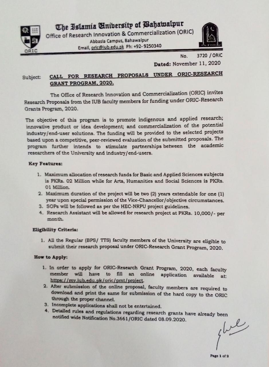 Call For Research Proposals under ORIC-Research Grant Program 2020