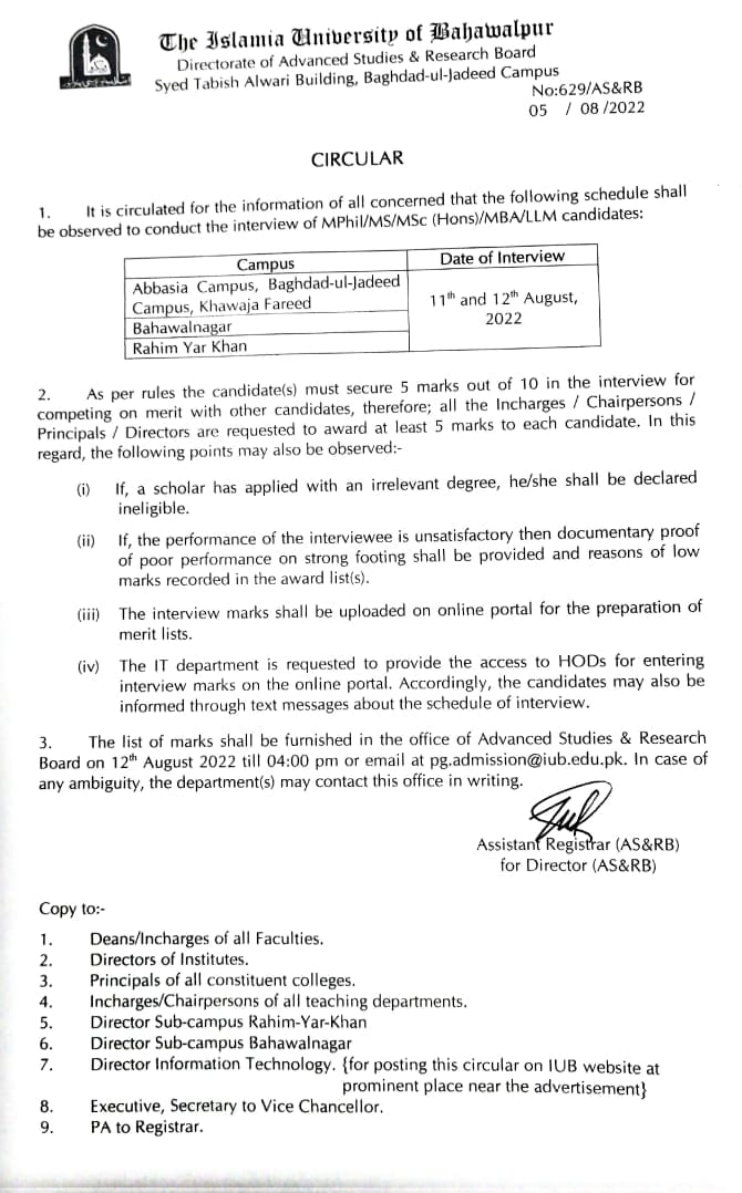 Interviews of MPhil/MS/MSc (Hons)/MBA/LLM candidates