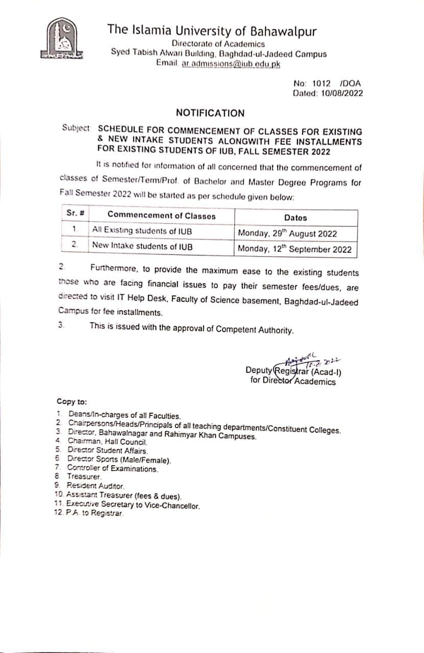 Schedule for Commencement of Classes for Existing and New Intake Students