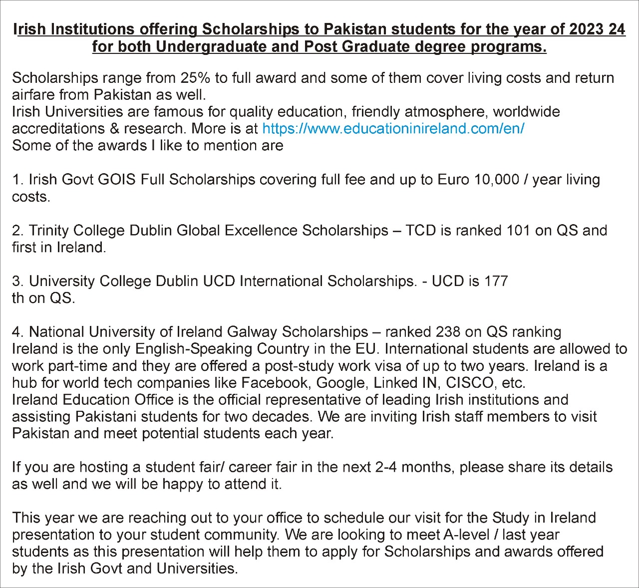 Irish Institutions offering Scholarships to Pakistan students