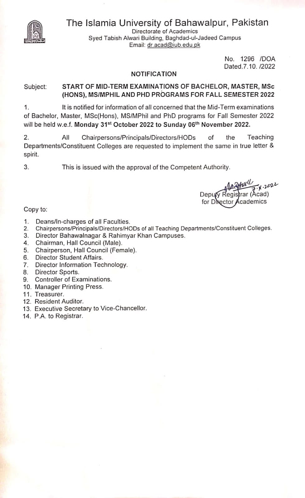 Start of Mid-Term Examinations of Bachelor, Master,MSc. H(Hons), MS/MPhil and PhD Programs for Fall Semester 2022