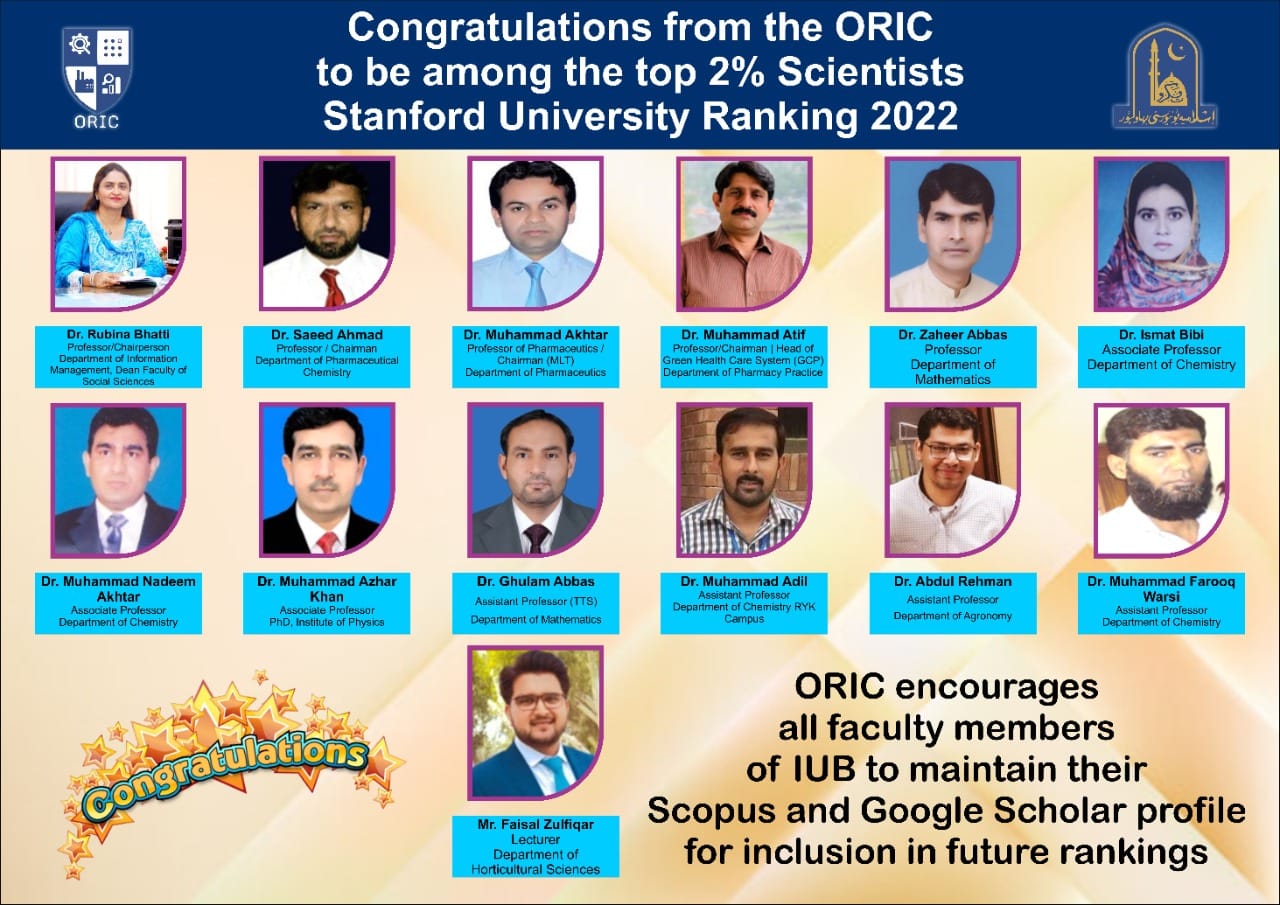 New great achievement of the Islamia University of Bahawalpur, 13 scientists included in world top 2%