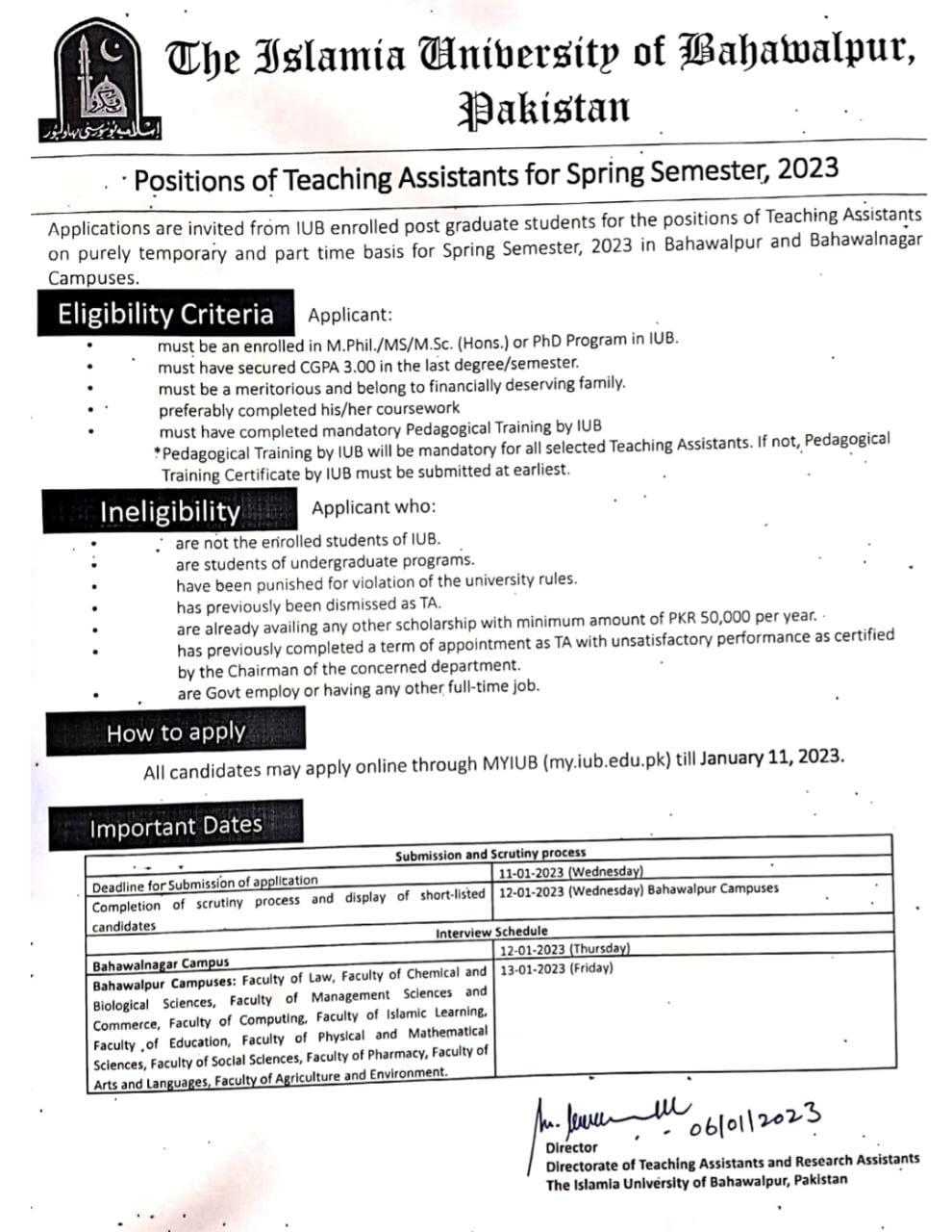 Positions of Teaching Assistants for Spring Semester, 2023 in the Islamia University of Bahawalpur