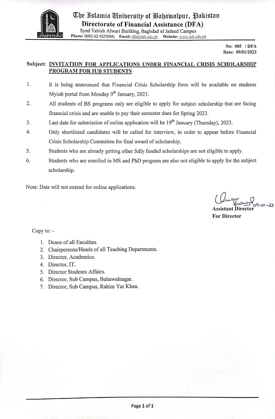 Invitation for Applications under Financial Crises Scholarship Program for IUB Students