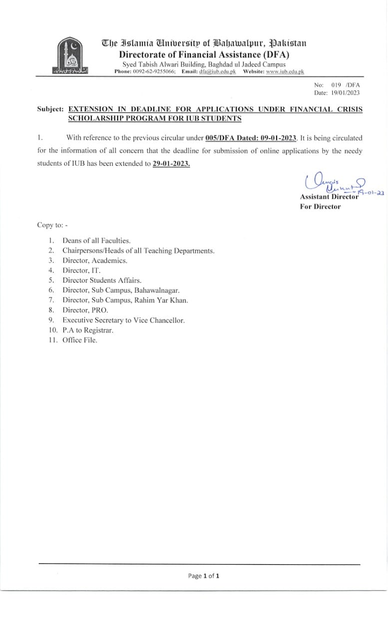 Extension in Deadline for Applications under Financial Crises Scholarships Programs for IUB Students