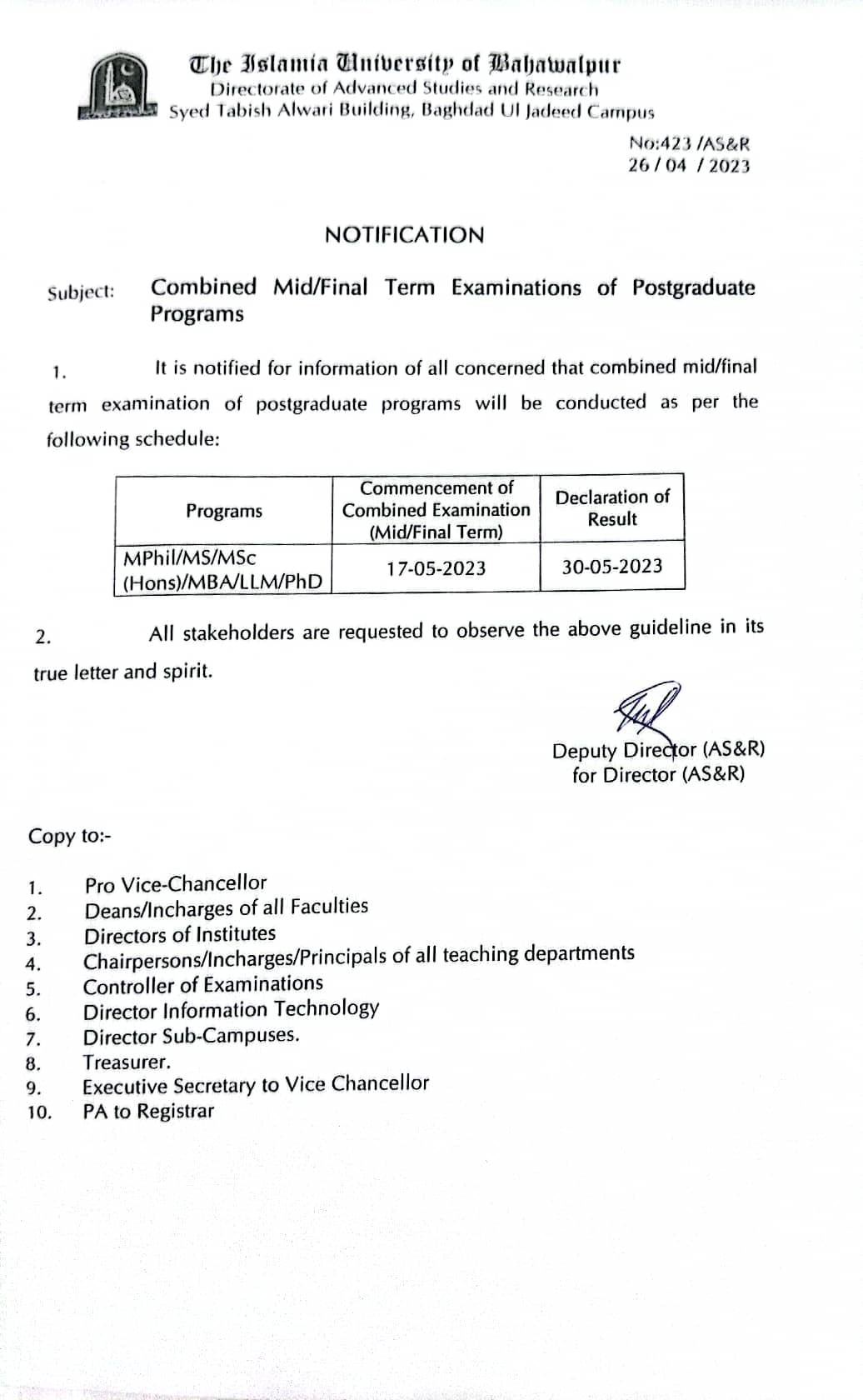 Combined Mid/Final Term Examinations of Postgraduate Programs