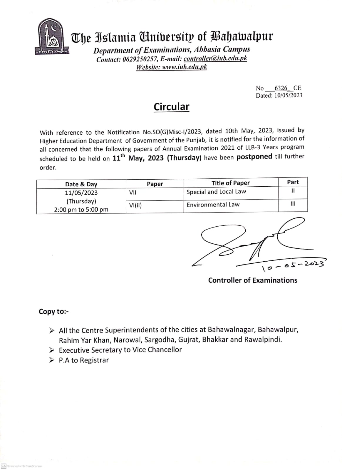 Two more Papers of Annual Examination 2021 of LLB-3 years program scheduled to be held on May 11, have been postponed