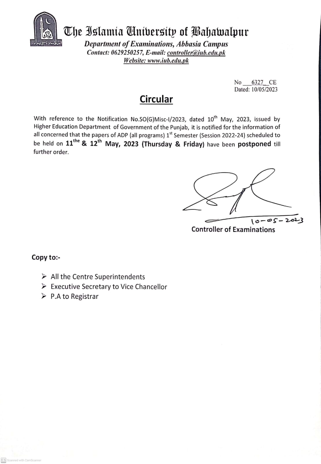 Papers of ADP (all Programs) 1st semester(Session 2022-24) schedule to be held on 11 & 12 May 2023 have been postponed