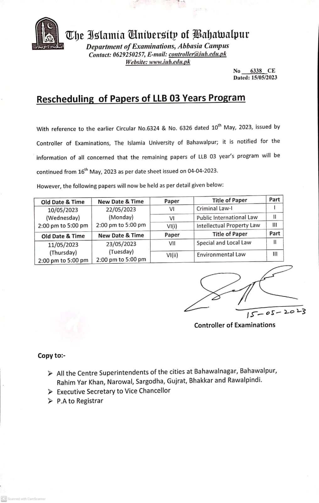 Rescheduling of Papers of LLB 03 Years Programs