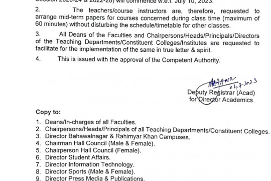 Midterm Examination of Special Semester for Bachelor's Degree Programs (Spring sessions 2020-24 & 2022-26)