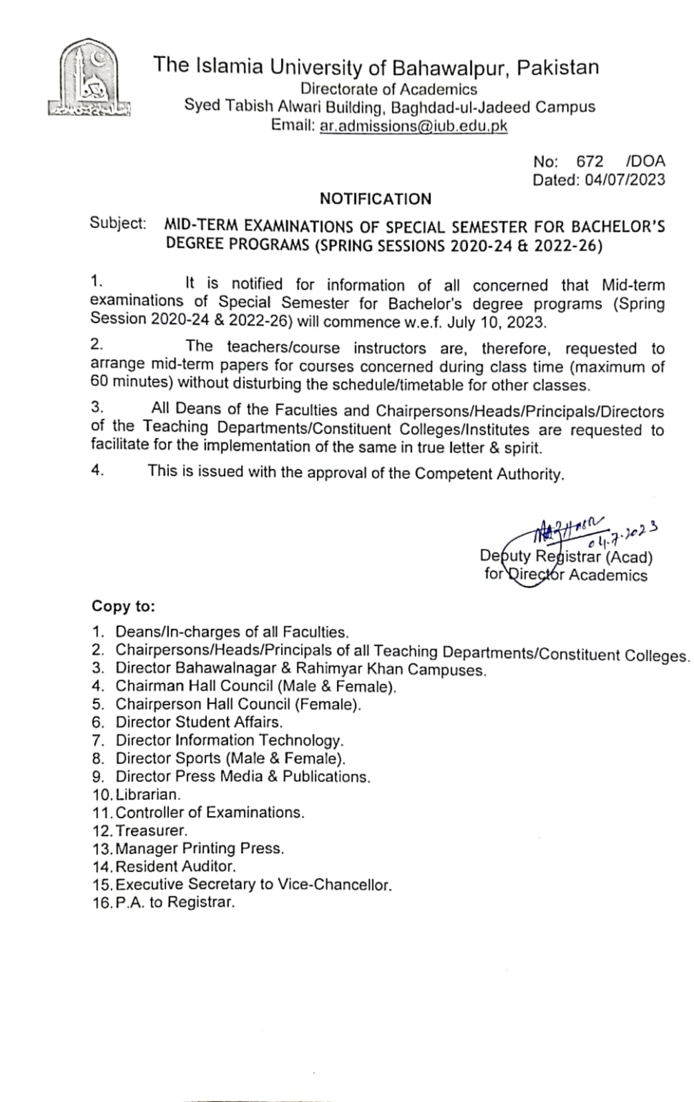 Midterm Examination of Special Semester for Bachelor's Degree Programs (Spring sessions 2020-24 & 2022-26)