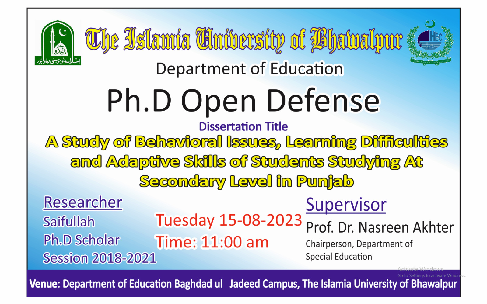 PhD open Defense at the Department of Education, IUB