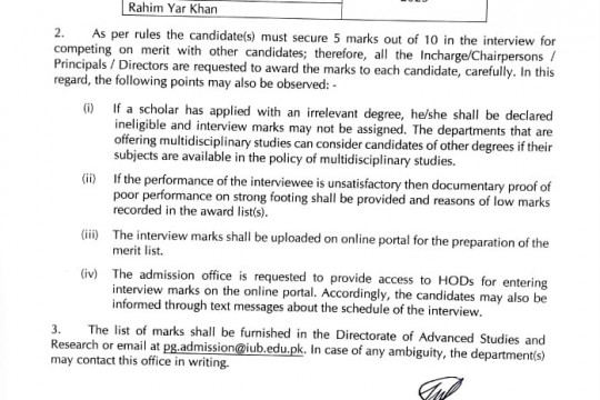 Notification : Interview of candidates of Mphill/MS/MSC (Hons)/MBA