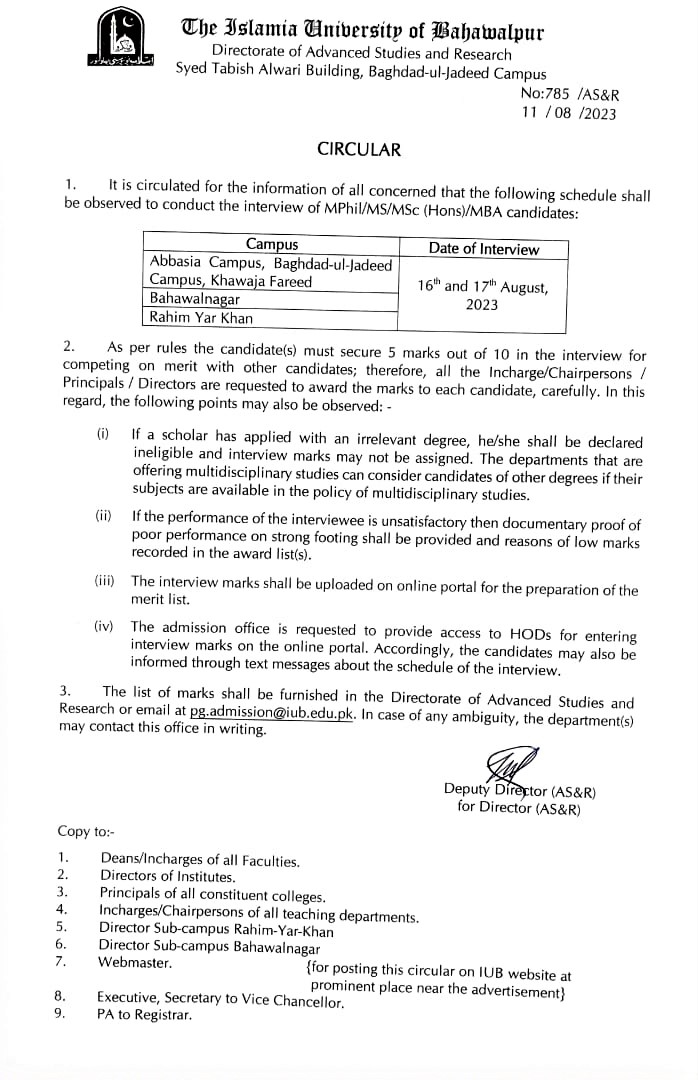 Notification : Interview of candidates of Mphill/MS/MSC (Hons)/MBA