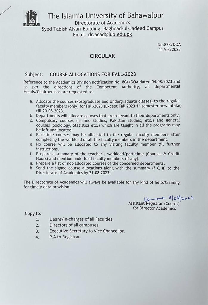 Notification : Regarding Course Allocation for Fall - 2023