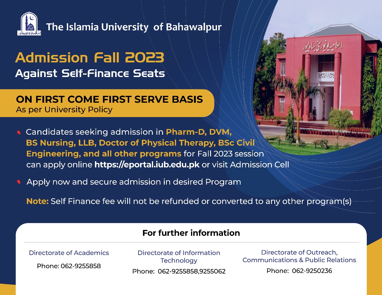 Admission Fall 2023 Against Self Finance Seats