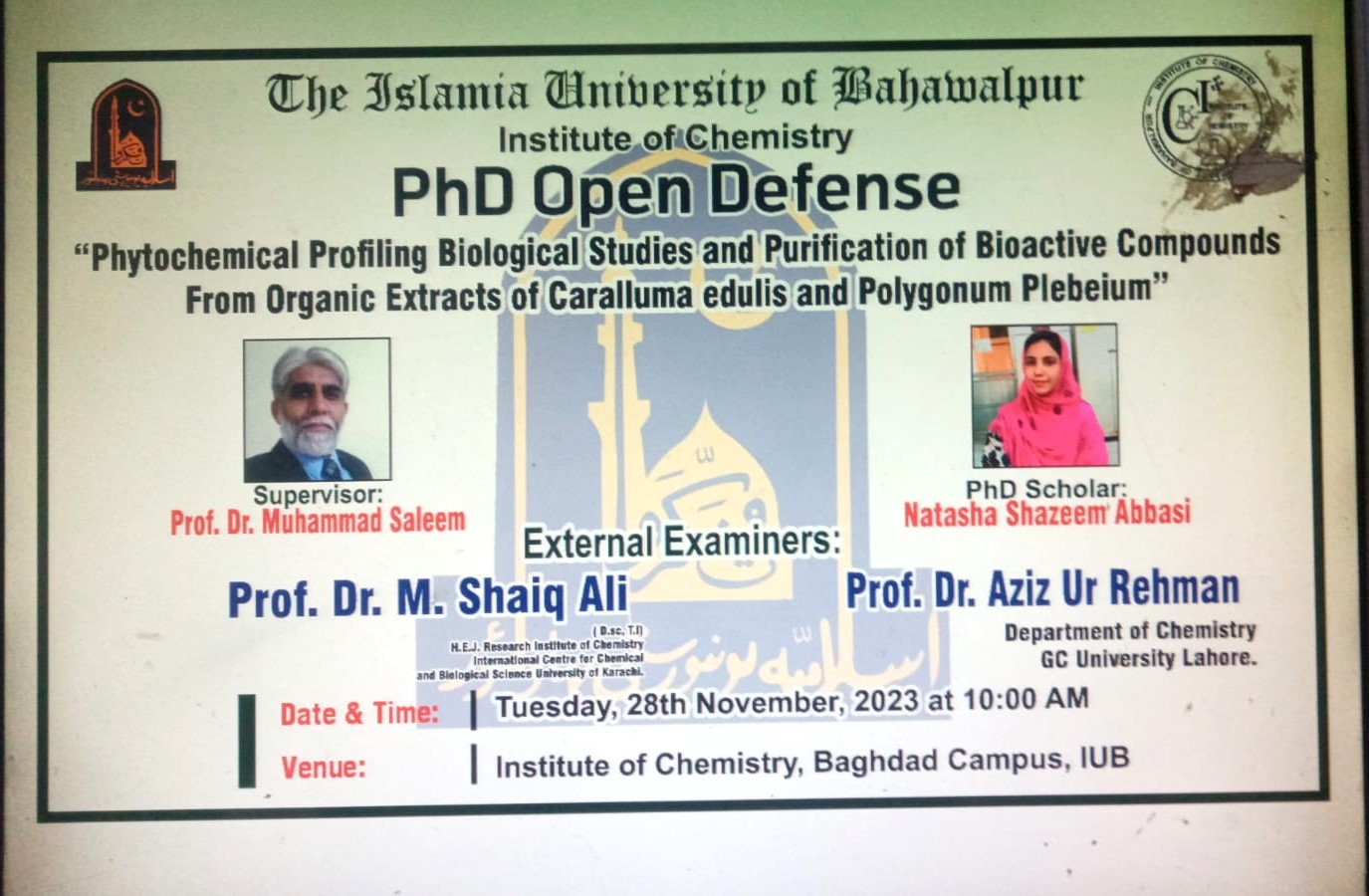PhD Open Defense at the Institute of Chemistry, IUB