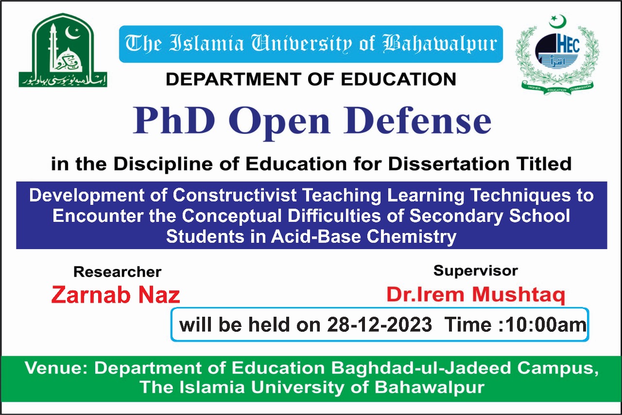 PhD open Defense at the Department of Education, IUB