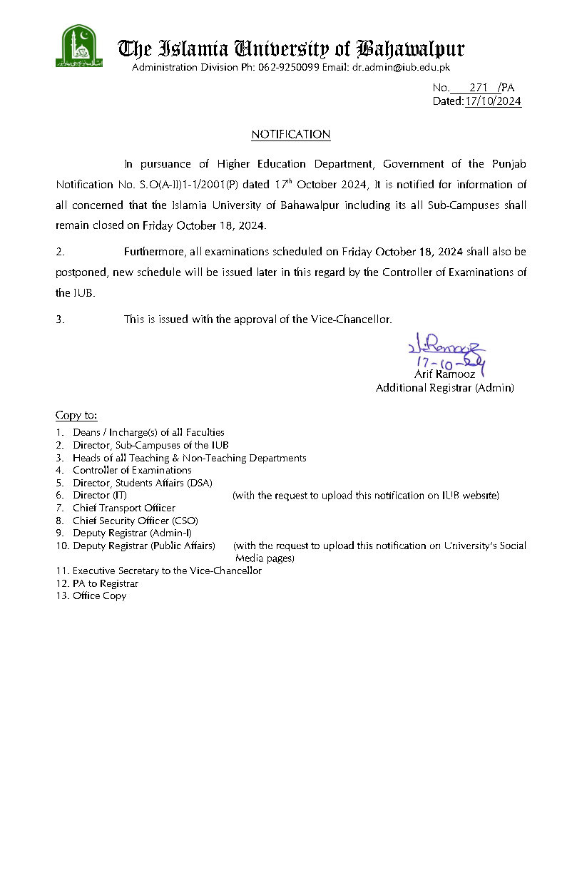 Notification: Regarding closure of the university and postponement of examination schedule