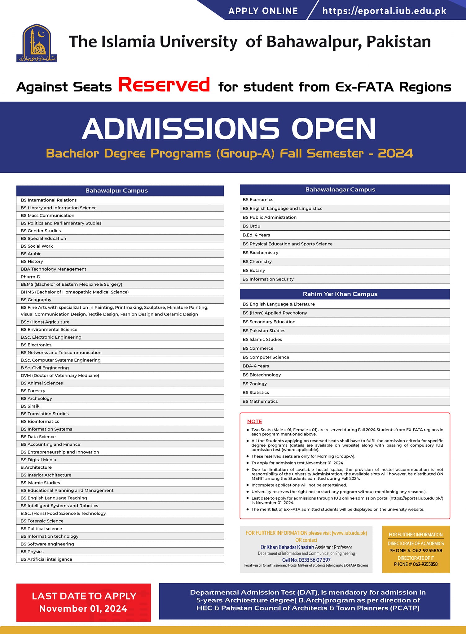 Bachelor Degree Programs (Group-A) Fall Semester - 2024 : for student from Ex-FATA/Baluchistan Regions