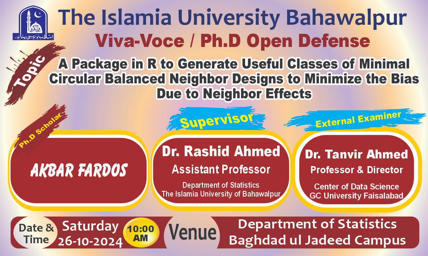 The open defense of PhD scholar Akbar Fardos of the Department of Statistics will be held on 26 October 2024