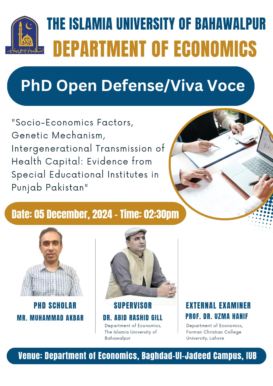 On December 5, 2024, PhD scholar Muhammad Akbar of the Department of Economics, IUB will have an open defense