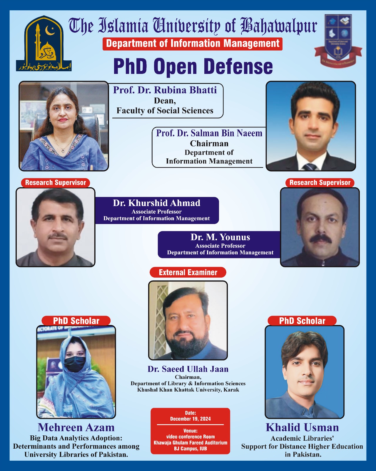 The open defense of two PhD scholars from the Department of Information Management will be held on December 19, 2024
