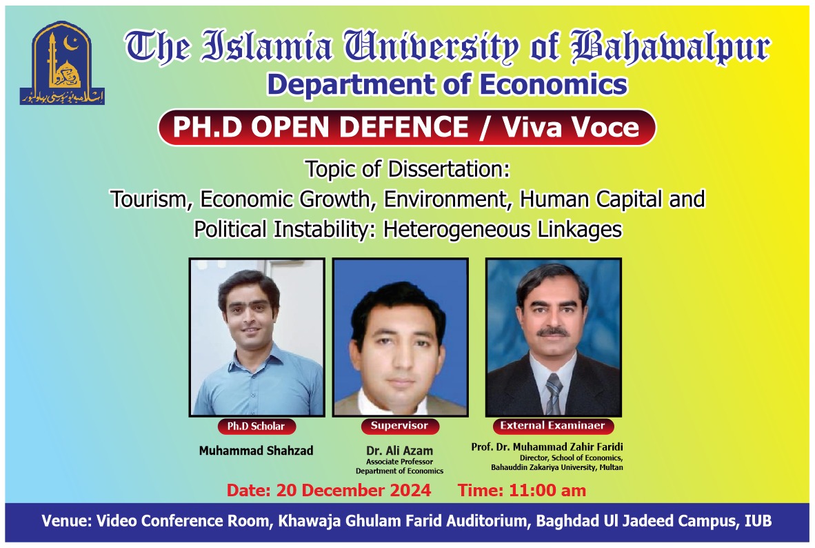 The open defense of Muhammad Shahzad, PhD scholar of the Department of Economics, IUB, will be held on Dec 20, 2024