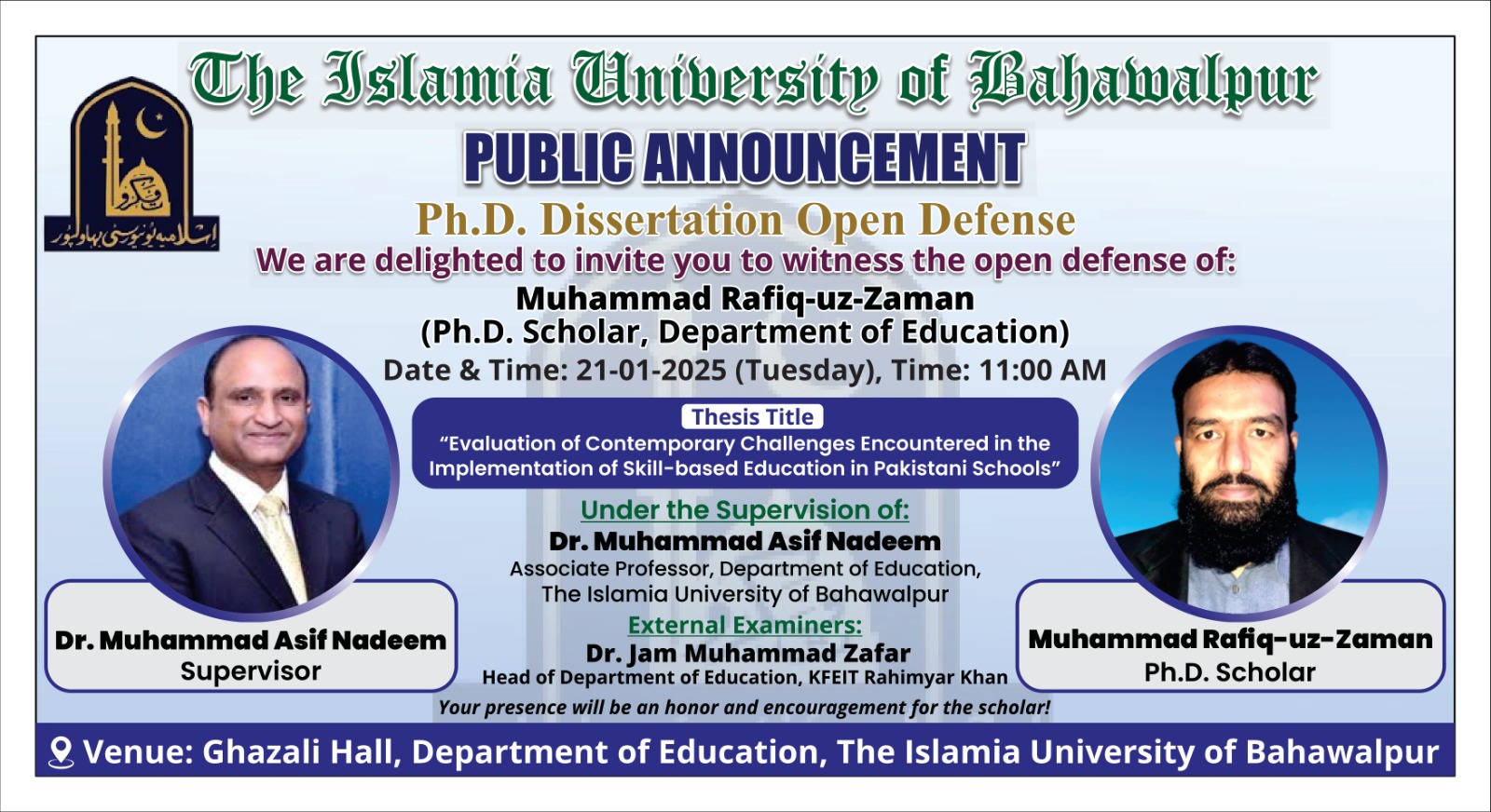 Muhammad Rafiq uz Zaman, a PhD scholar in the Department of Education, will have an open defense on January 21, 2025