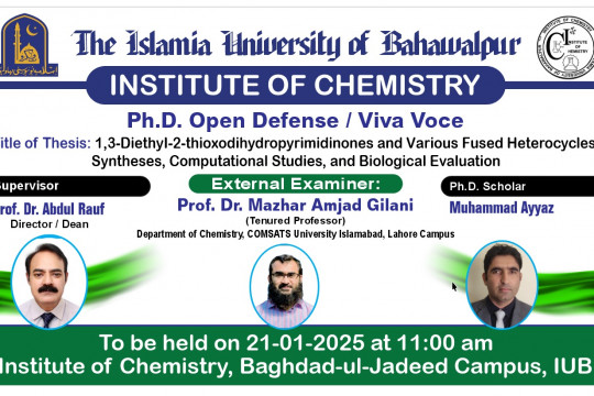 Muhammad Ayyaz, a PhD Scholar e at the Institute of Chemistry, will have his open defense on January 21, 2025.