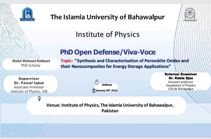 Abdul Waheed Rabbani, a PhD Scholar at the Institute of Physics, will have his open defense on January 24, 2025.