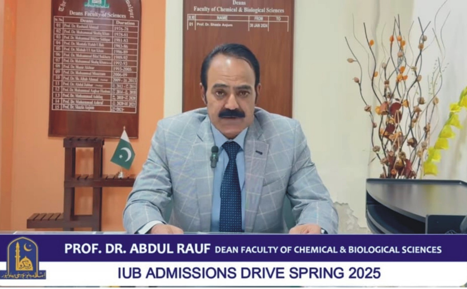 Message from Prof. Dr. Abdul Rauf, Dean, Faculty of Chemical and Biological Sciences, regarding Admission Spring 2025