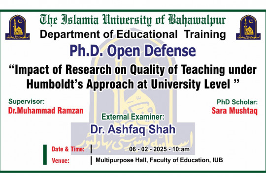 On Feb 6, 2025, Sara Mushtaq, a PhD Scholar at the Department of Educational Training, will have his open defence.