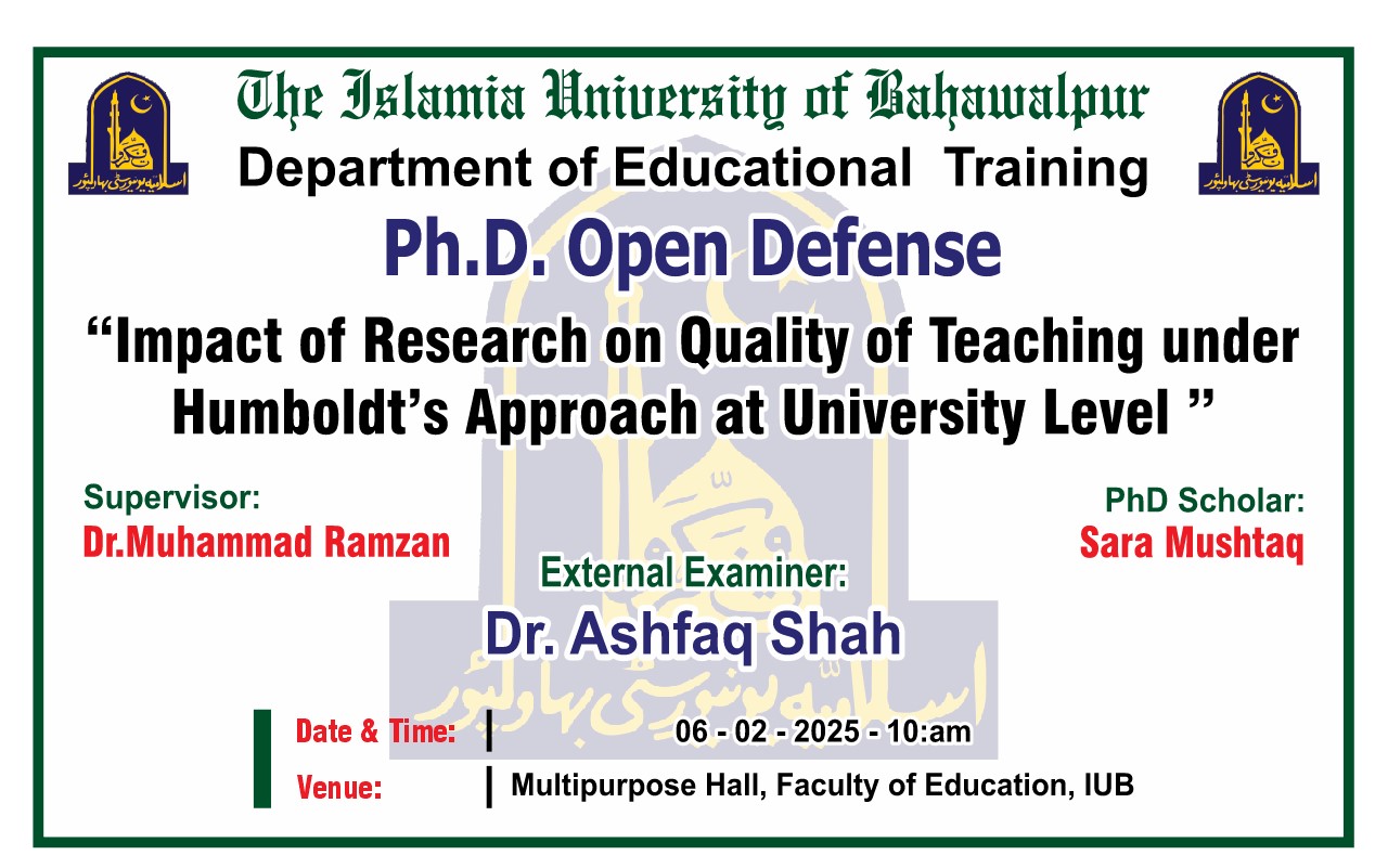 On Feb 6, 2025, Sara Mushtaq, a PhD Scholar at the Department of Educational Training, will have his open defence.