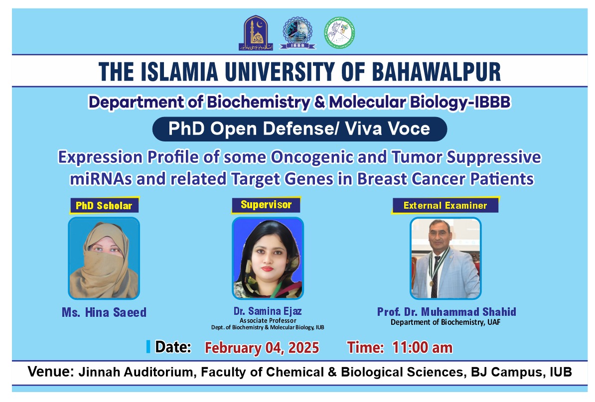 Hina Saeed, who belongs to Department of Biochemistry & Molecular Biology, will have a PhD open defense on Feb 4, 2025