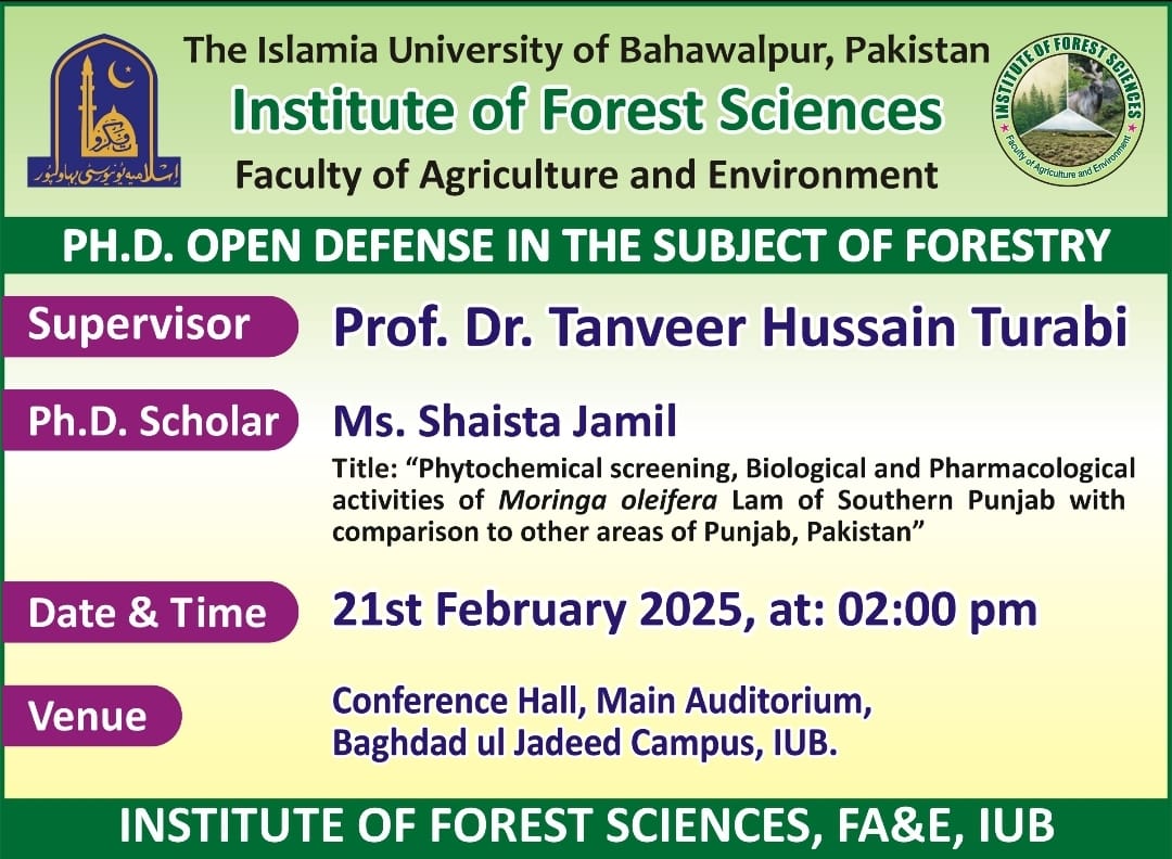 Shaista Jamil, PhD scholar who belongs to the Institute of Forest Sciences, will have her open defense on Feb 21, 2025