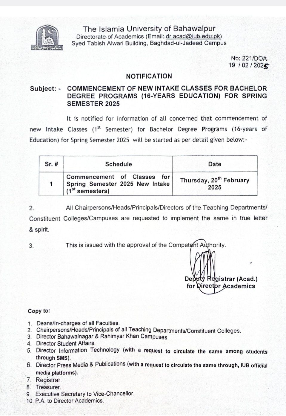 Commencement of New Intake Classes for Bachelor Degree Programs (16-years Education) for Spring Semester 2025