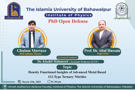 On March 12, 2025, PhD scholar Ghulam Murtaza from the Institute of Physics will have an public defense.