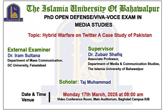 On March 17 2025, PhD scholar Taj Muhammad from the Department of Media Studies will have an open defense.