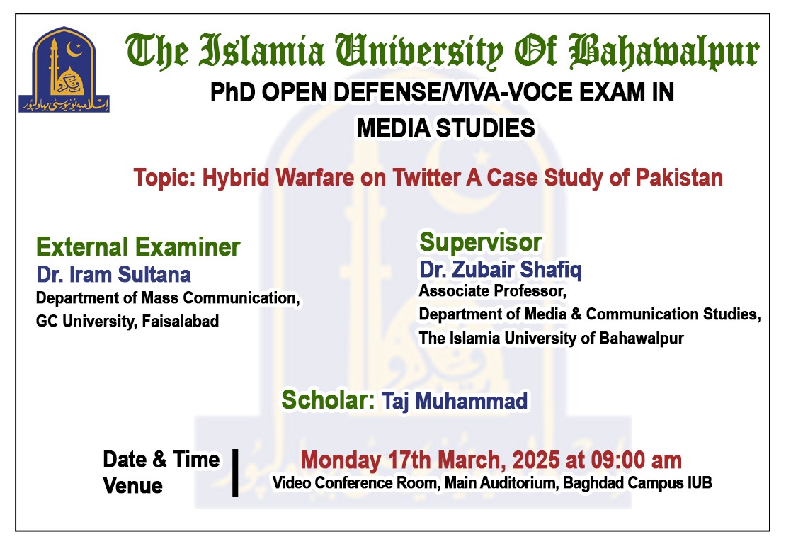 On March 17 2025, PhD scholar Taj Muhammad from the Department of Media Studies will have an open defense.