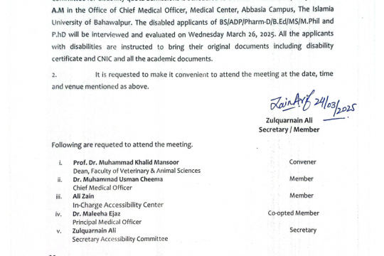 The disabled applicants of BS/ADP/Pharm-D/B.ED/MS/M.Phil. and PhD will be interviewed and evaluated on March 26, 2025.