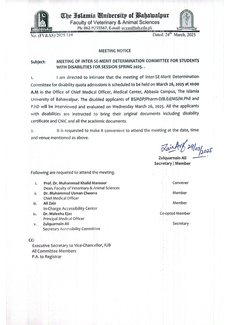 The disabled applicants of BS/ADP/Pharm-D/B.ED/MS/M.Phil. and PhD will be interviewed and evaluated on March 26, 2025.