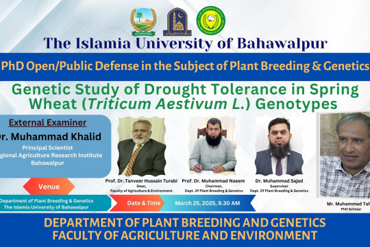 The open defense of Muhammad Tahir, a PhD candidate in Plant Breeding and Genetics, is scheduled for March 25, 2025.