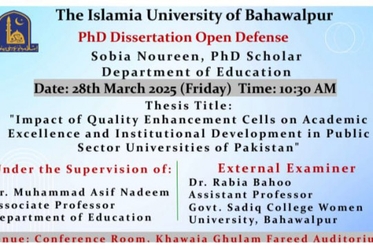 The open defense of Sobia Noureen, a PhD candidate in the Department of Education, is scheduled for March 28, 2025.