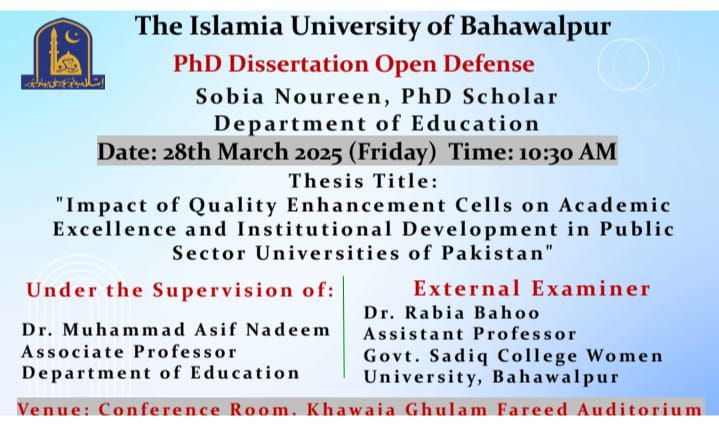 The open defense of Sobia Noureen, a PhD candidate in the Department of Education, is scheduled for March 28, 2025.