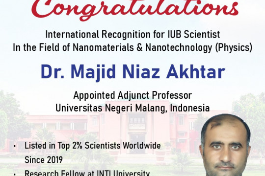 Renowned IUB scientist Dr. Majid Niaz Akhtar has been appointed as an adjunct professor at a Malaysian university.