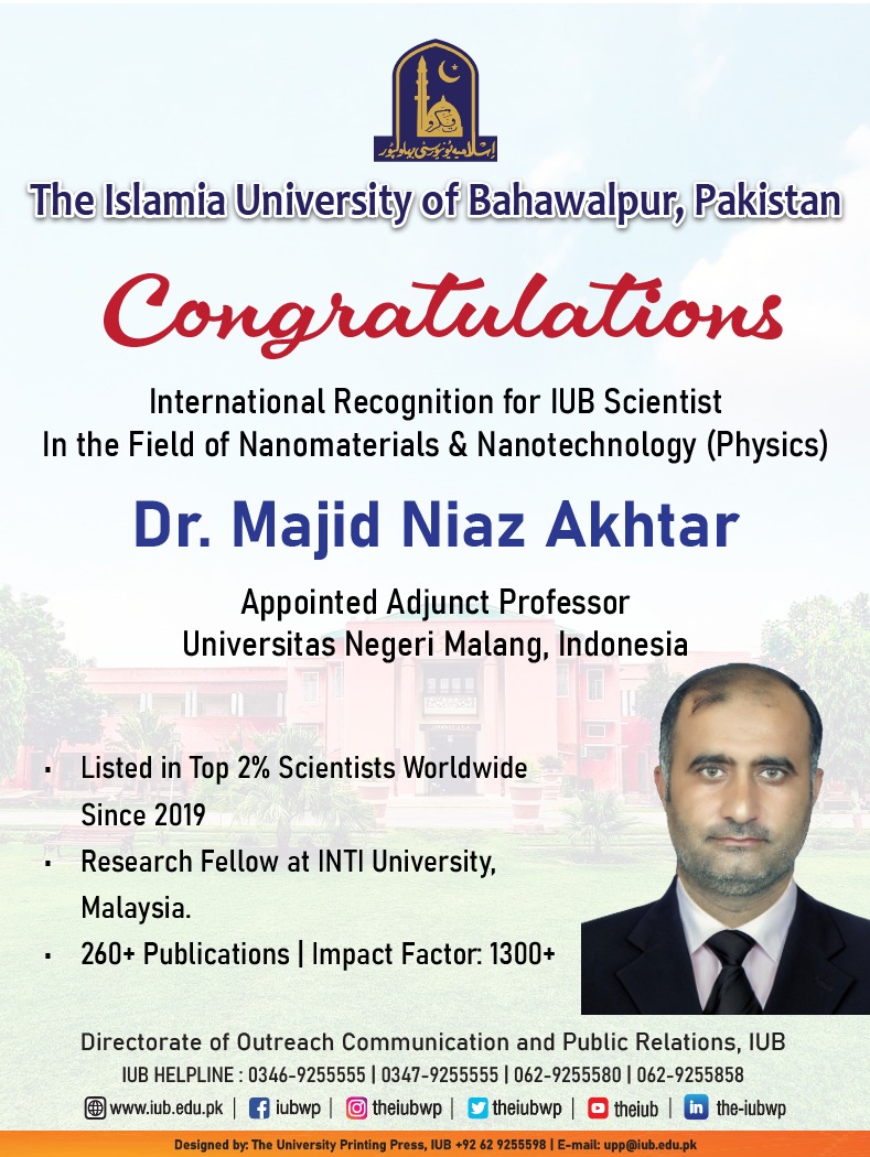 Renowned IUB scientist Dr. Majid Niaz Akhtar has been appointed as an adjunct professor at a Malaysian university.