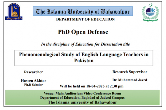 The open defense of Haseen Akhtar, PhD scholar of the Department of Education, will be held on April 18, 2025.