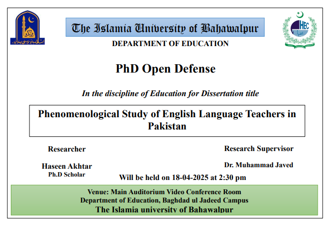 The open defense of Haseen Akhtar, PhD scholar of the Department of Education, will be held on April 18, 2025.